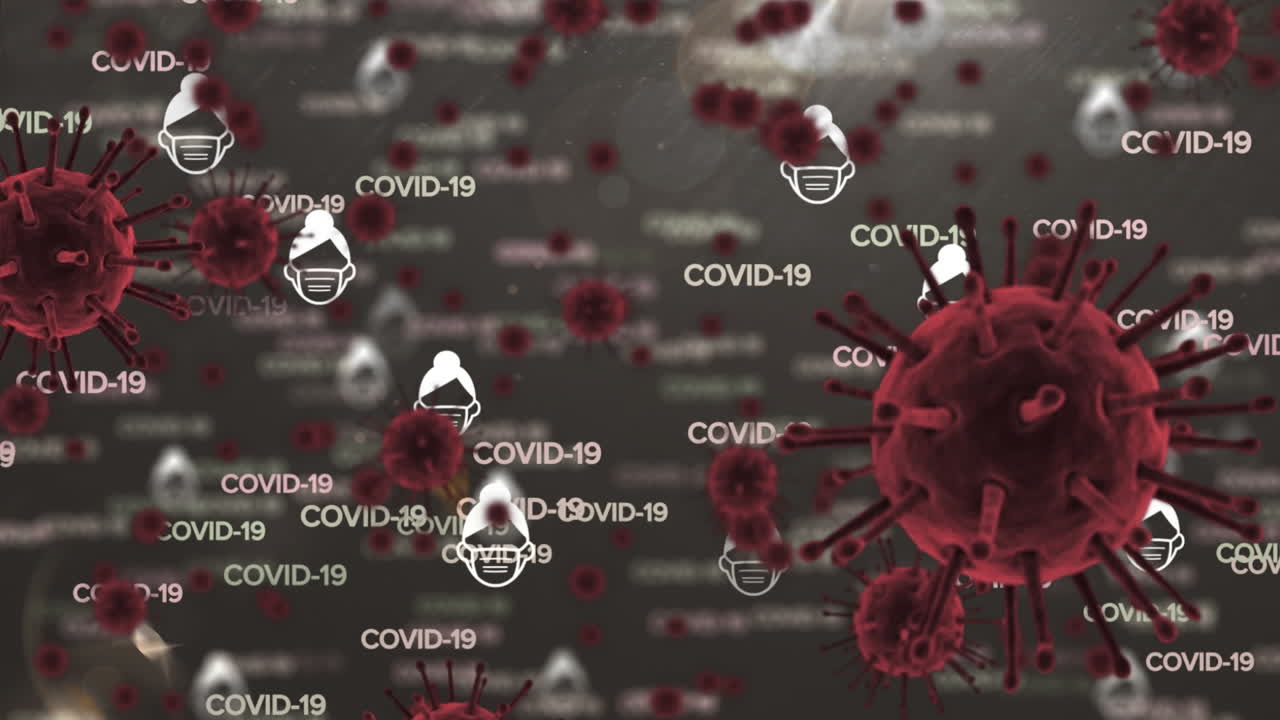 어두운 배경에 여러 코로나19 텍스트와 코로나19 아이콘의 애니메이션