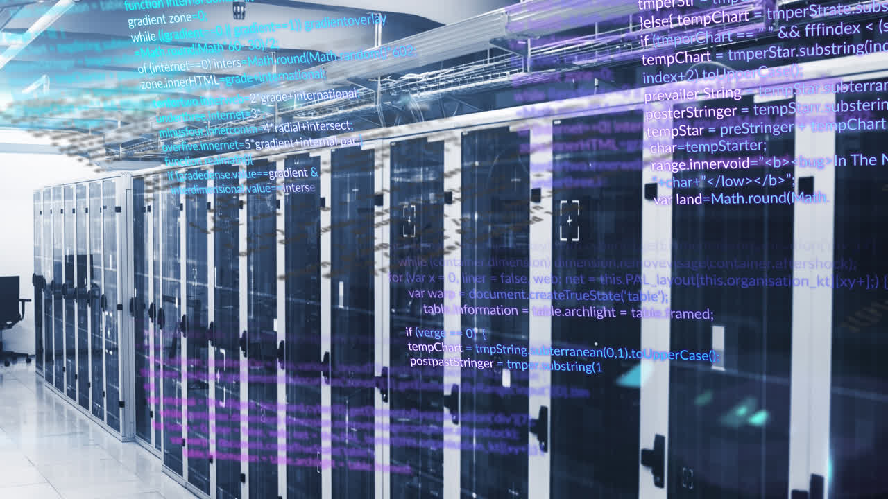 Animation of multicolored computer language over data server racks in server room