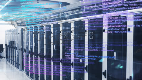 Animation-of-multicolored-computer-language-over-data-server-racks-in-server-room