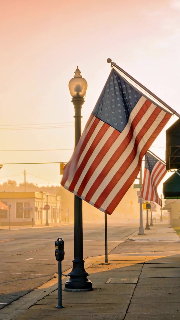 Video verticale: Bandiera americana in primo piano che sventola per la brezza, rivelando una strada di una piccola città con bandiere.