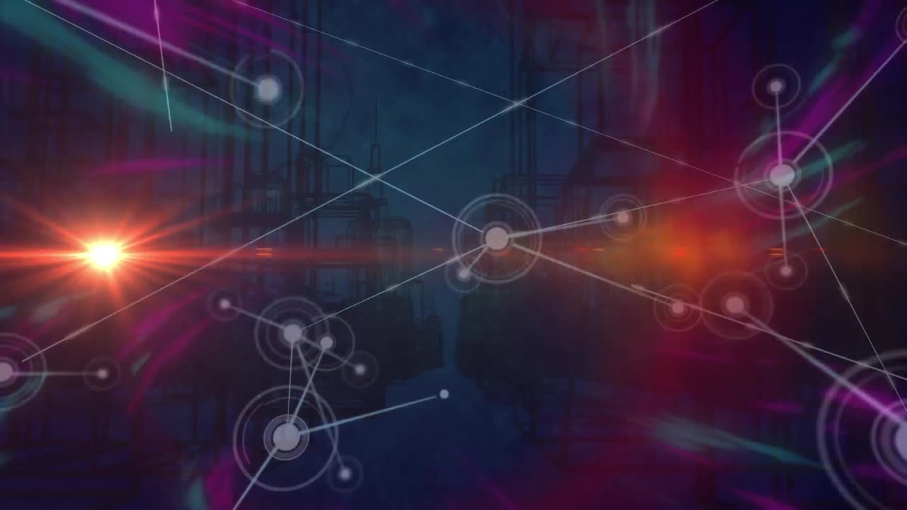 animación de senderos de luz y red de conexiones sobre la ciudad digital sobre fondo negro