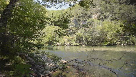 revealing panoramic of voidomatis river natural clean water stream, greece