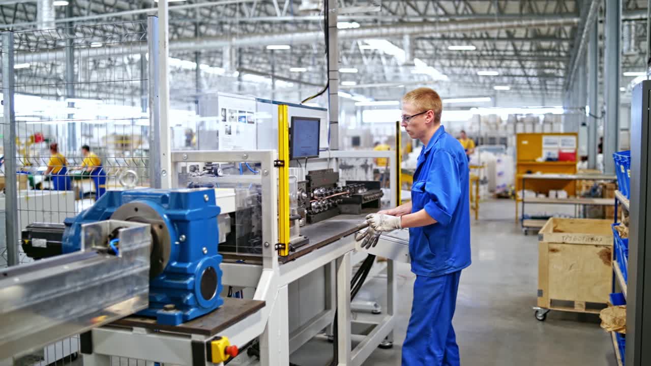 Man working at production line. Portrait of man standing near factory production line