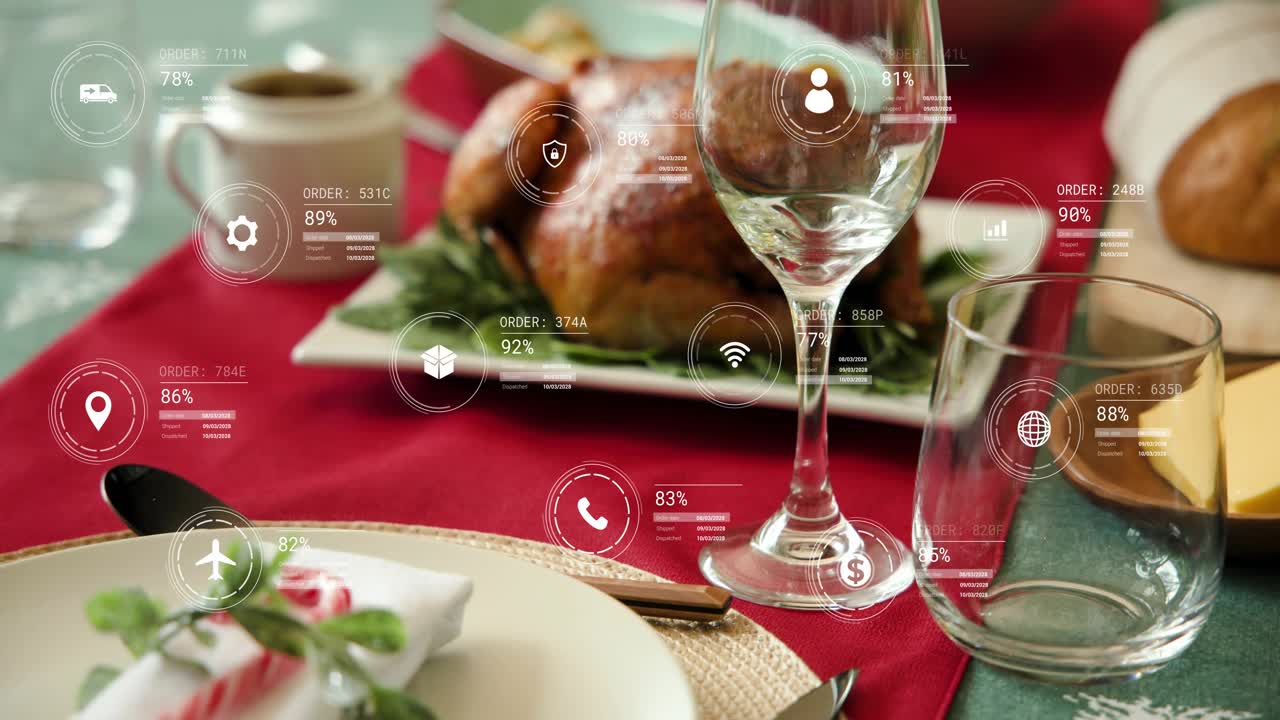 Camera pushing in, HUD icons growing over roast chicken while glass refracting, showing meal data