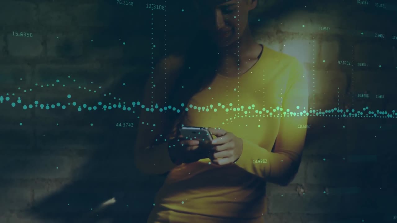 Multiple changing numbers and statistical graphs against caucasian woman using smartphone