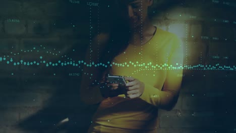 multiple changing numbers and statistical graphs against caucasian woman using smartphone