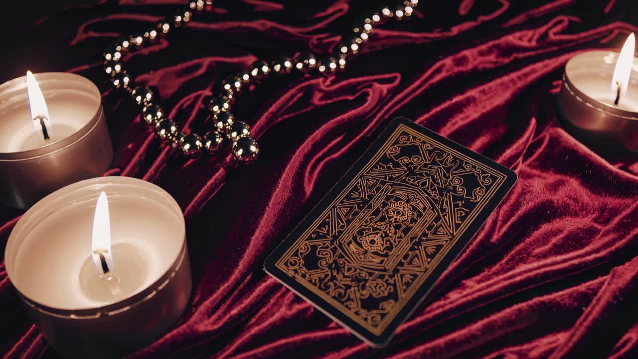 A mystical video scene featuring tarot cards on red velvet, surrounded by candles and beads