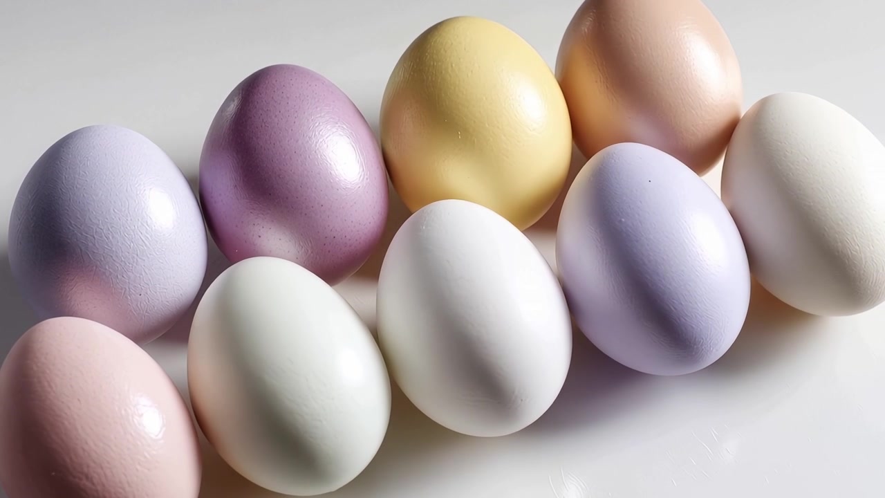 Huevos de Pascua de colores pastel dispuestos sobre un fondo blanco