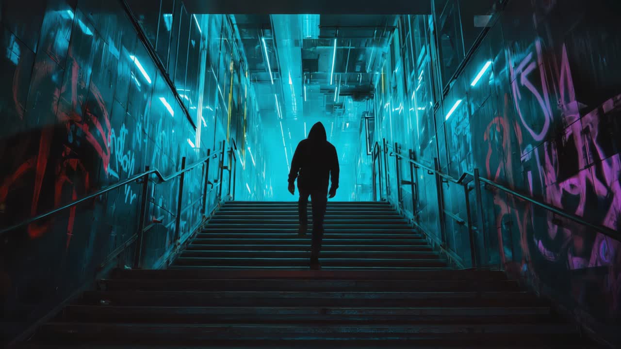 Person walking up stairs in a neon-lit underground tunnel