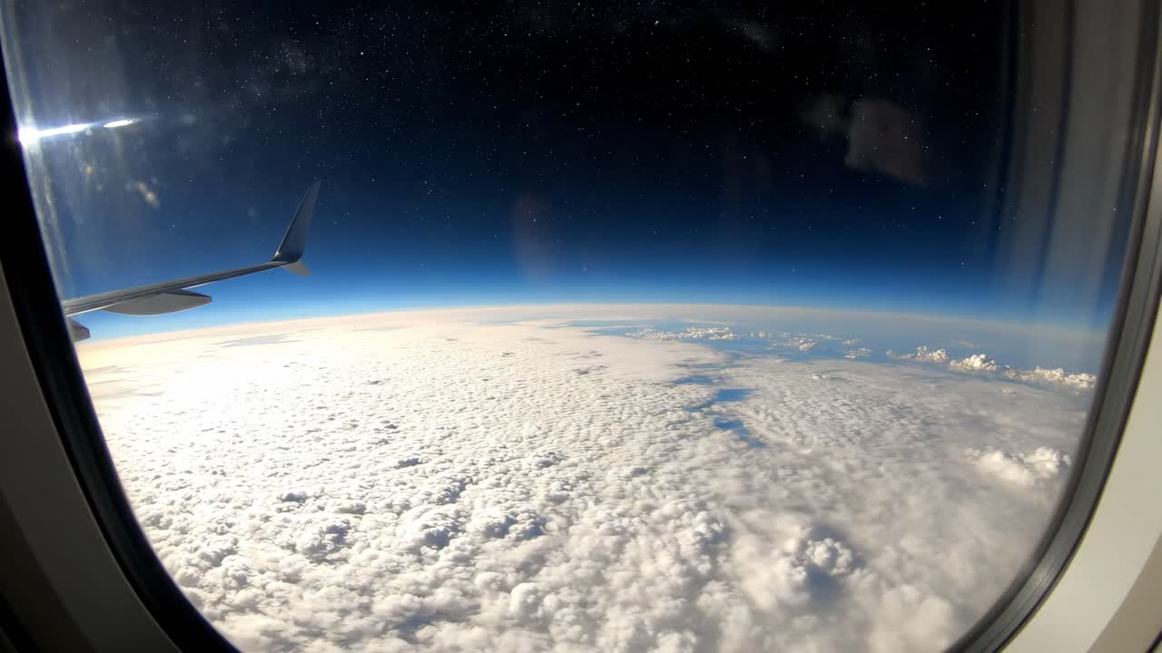 View from an airplane window above the clouds
