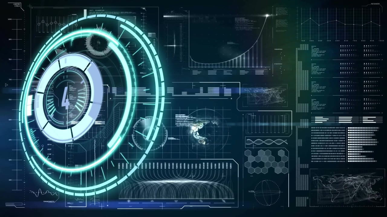 Animation of countdown over round scanner and interface with data processing against blue background