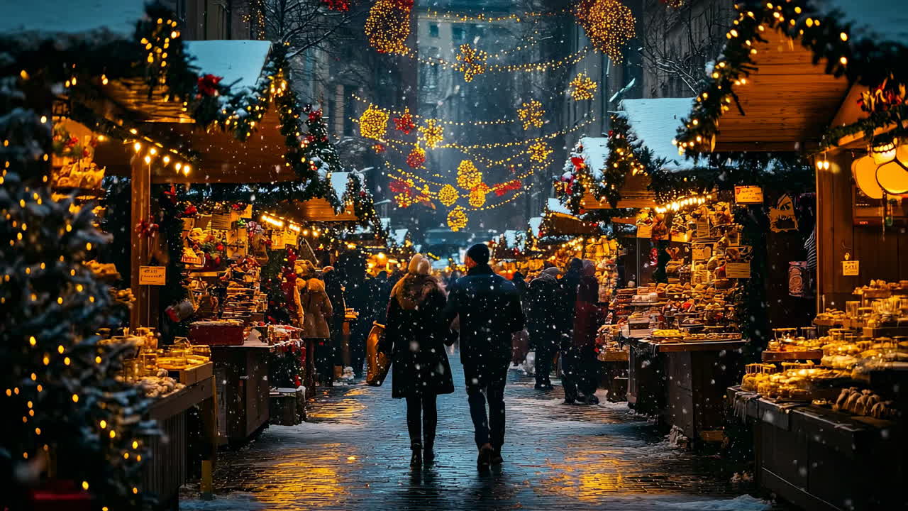 Winter market scene with people walking under lights and decorations in a snowy town center
