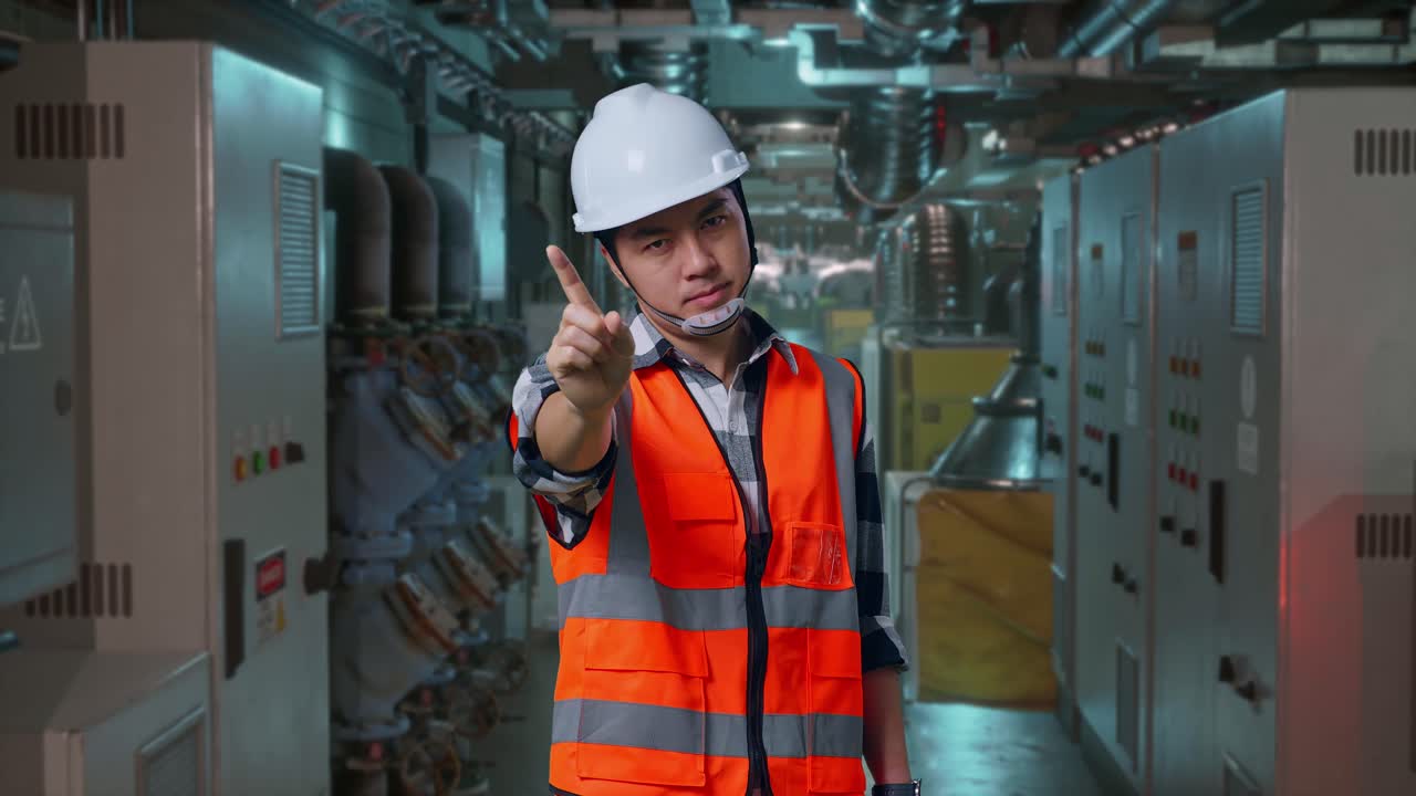 Asian Male Engineer With Safety Helmet Disapproving With No Index Finger Sign While Standing In Engine Control Room, Work Of Electrical Generators