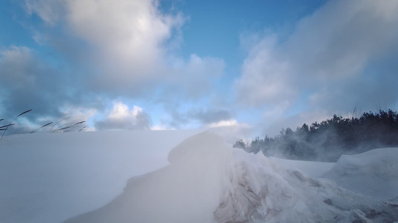 Close-up of Blizzard on Beach During a Winter Storm. Snow Blown Away From Beach Dunes During a Winter Storm