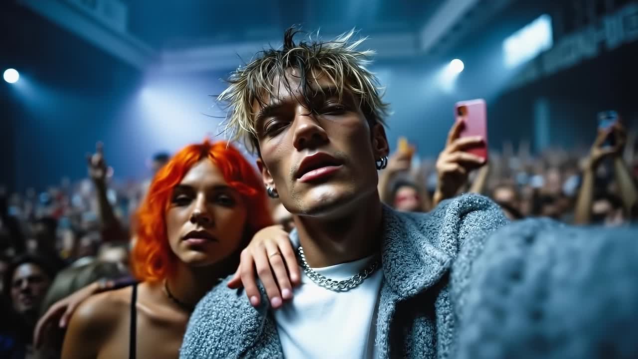 A man taking a selfie with a woman at a concert