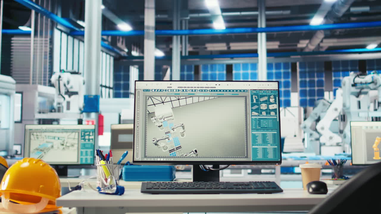 monitor pc su scrivania in impianti di pannelli solari ad energia verde con software cad