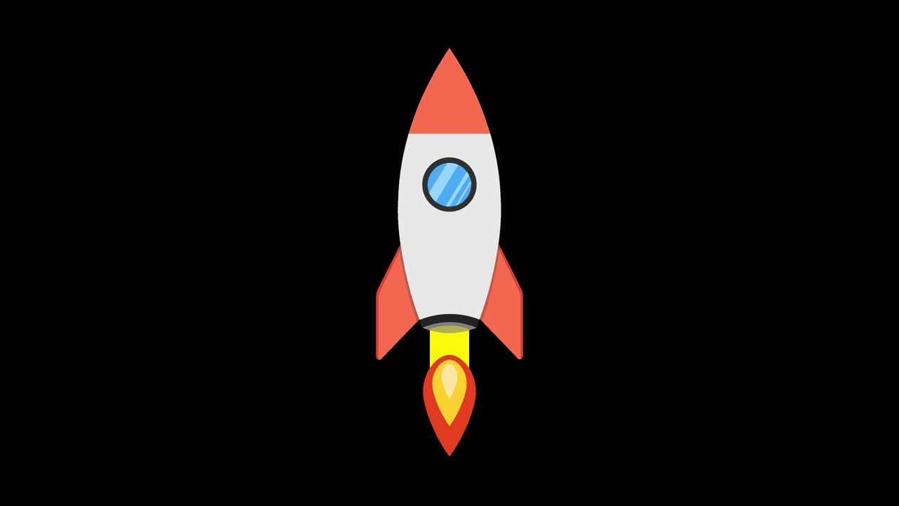 Cartoon rocket ship flying up. Loop animation in alpha channel. 4K resolution.