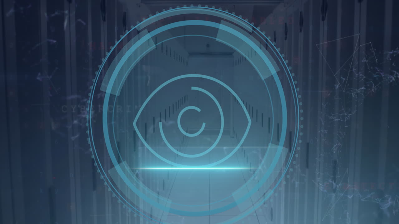 animación del icono del ojo y procesamiento de datos a través de servidores informáticos