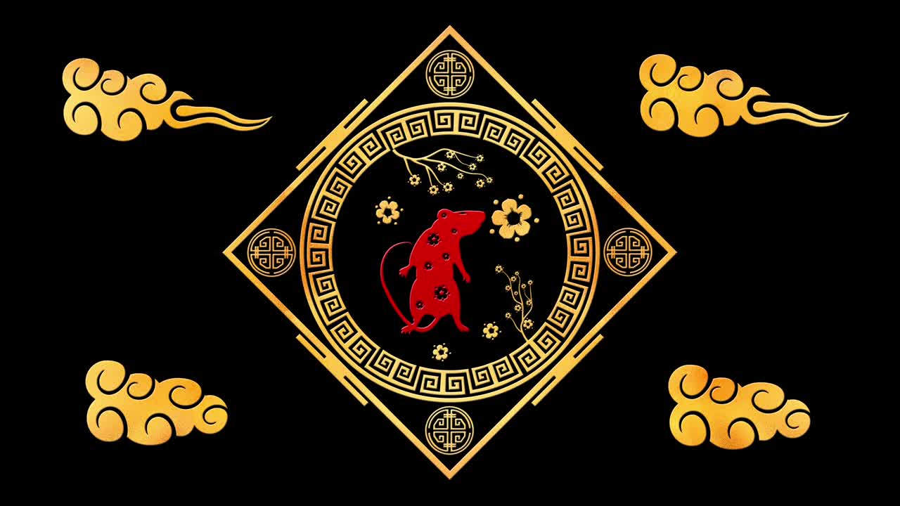 fondo de año nuevo chino negro con oro, rata, 3d rendering bucle 4k. mágica feliz año nuevo animación