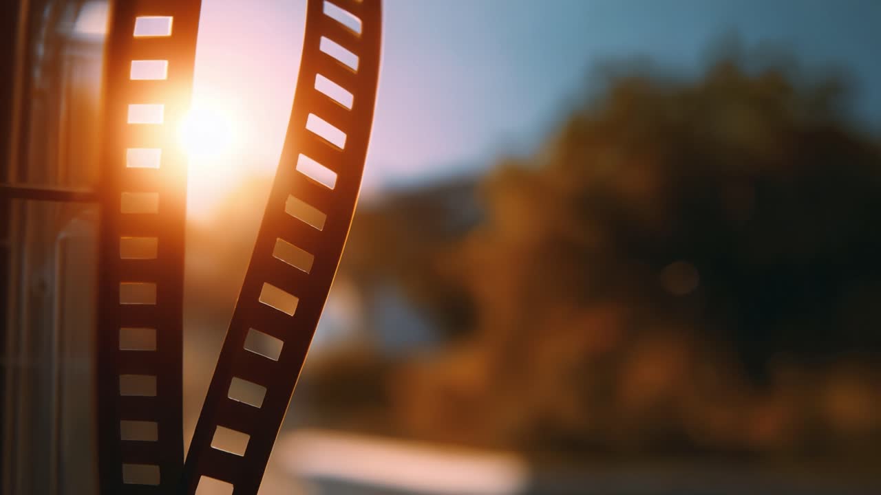 Indfang den varme glød fra filmstrimler, der reflekterer solnedgangens gyldne lys i hyggelige omgivelser, og fremkalder nostalgi og kreativitet i hver frame.