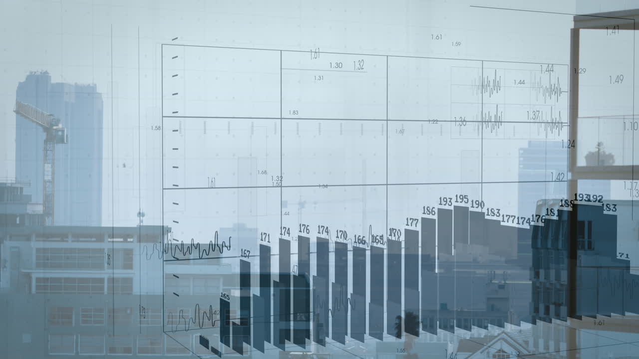 도시 풍경 위의 금융 데이터 처리 애니메이션