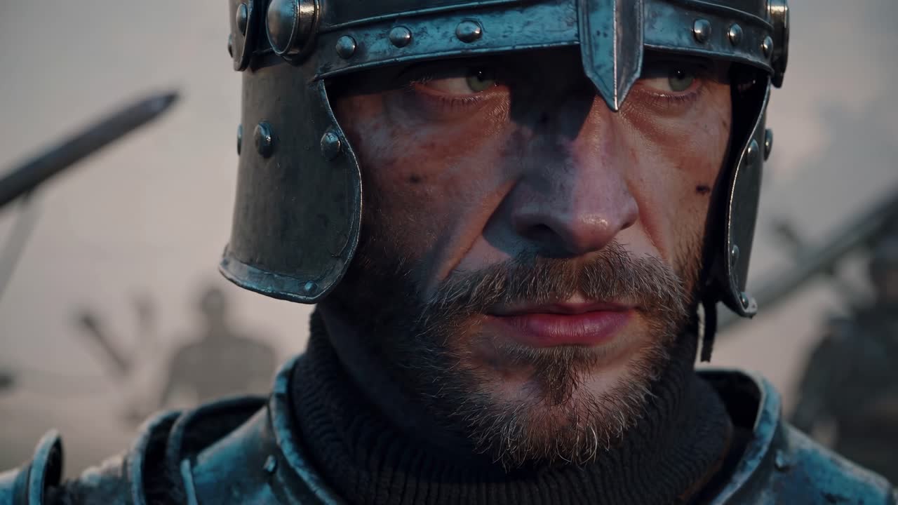 Close-up video shot of a medieval warrior in a metal helmet, capturing intense focus