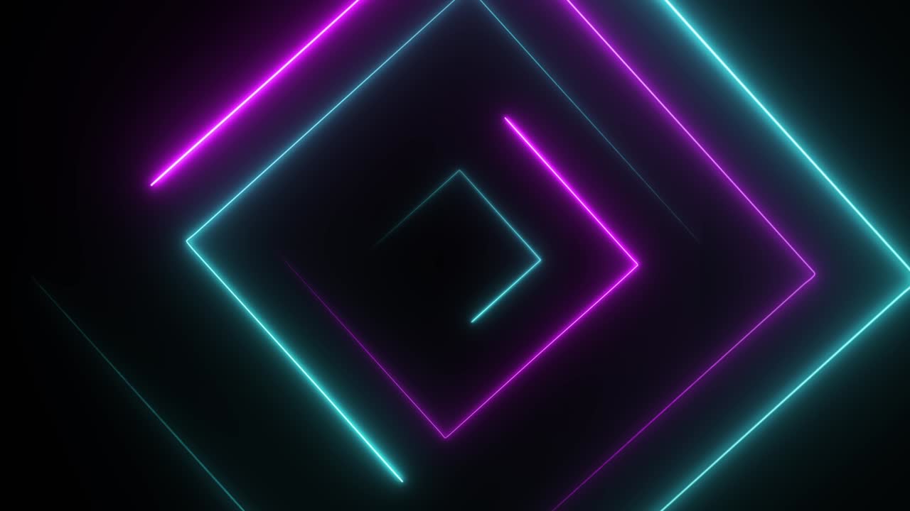 Quadrato neon astratto in loop continuo. Sfondo animato hi-tech con quadrato neon blu e viola in loop continuo. Animazione video 3D.