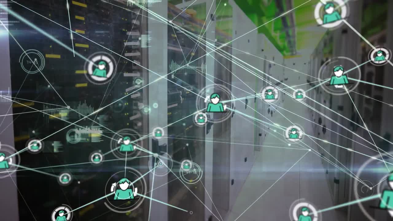 Animation of connected icons and dots, graphs, soundwave and lens flare against server room