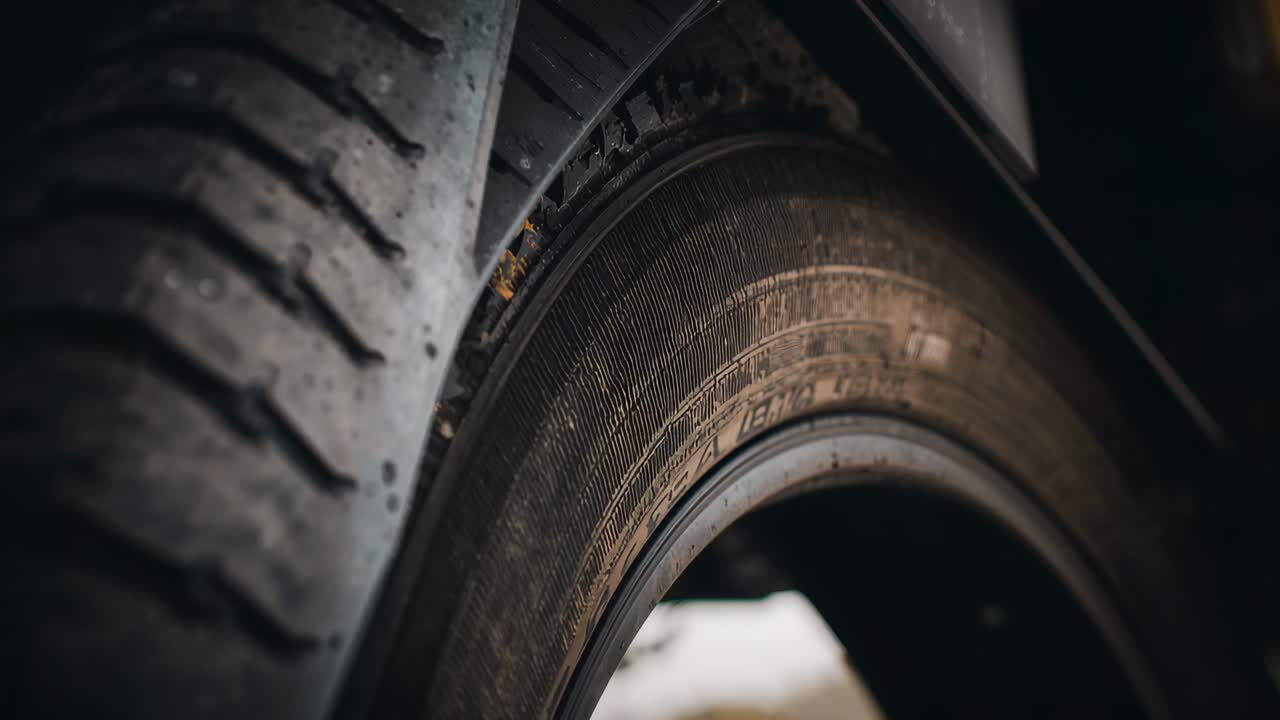 Pushing camera racking focus beneath parked vehicle, revealing worn tire sidewall lettering