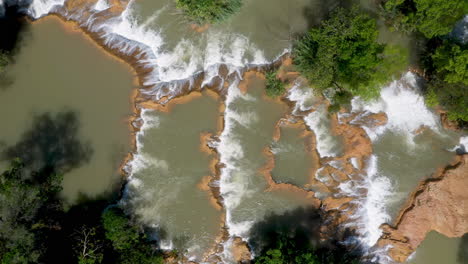 Cinematic-downward-angle-drone-shot-of-the-Cascadas-de-Agua-Azul-and-the-waterfalls-found-on-the-Xanil-River-in-Chiapas-Mexico