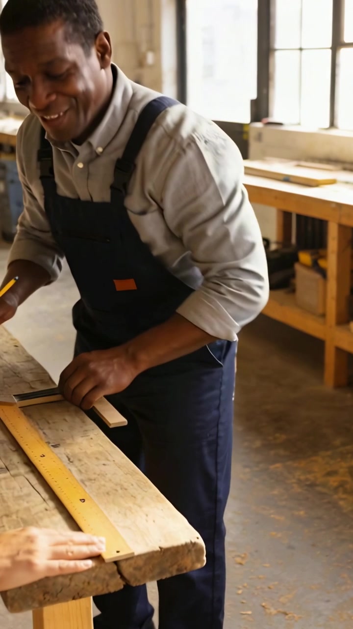 Vertical video: Leaning worker in overalls at shop measuring and marking plank with hand on ruler