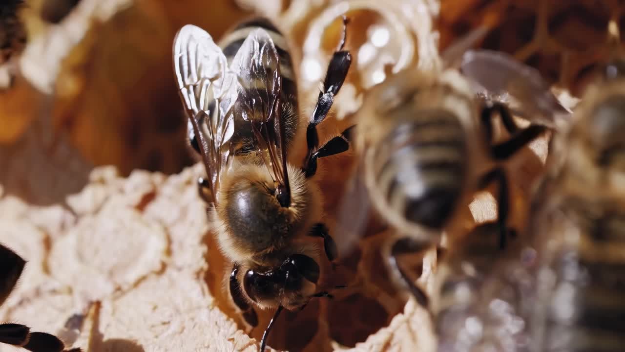 primer plano de abejas en un panal