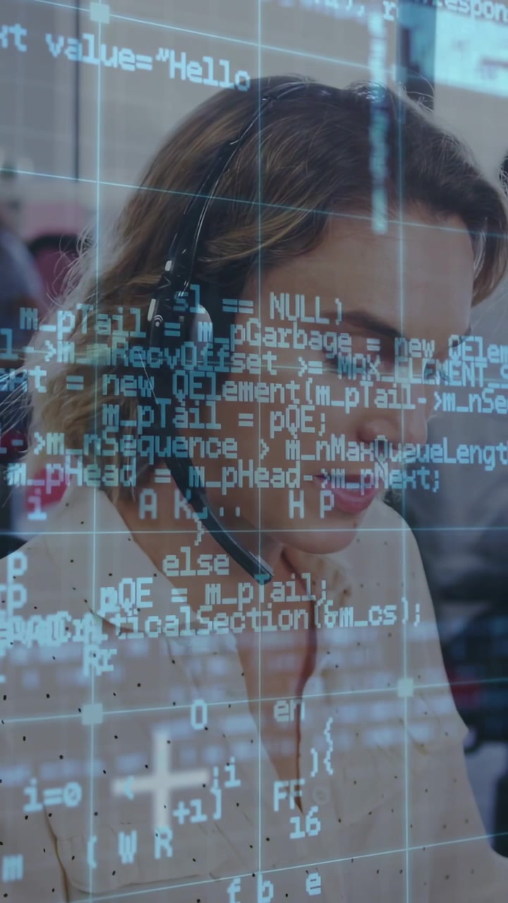 Vertical video: call center agent answering call on live data, code overlay scrolling, easing away
