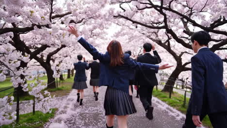 japanese students enjoying cherry blossoms