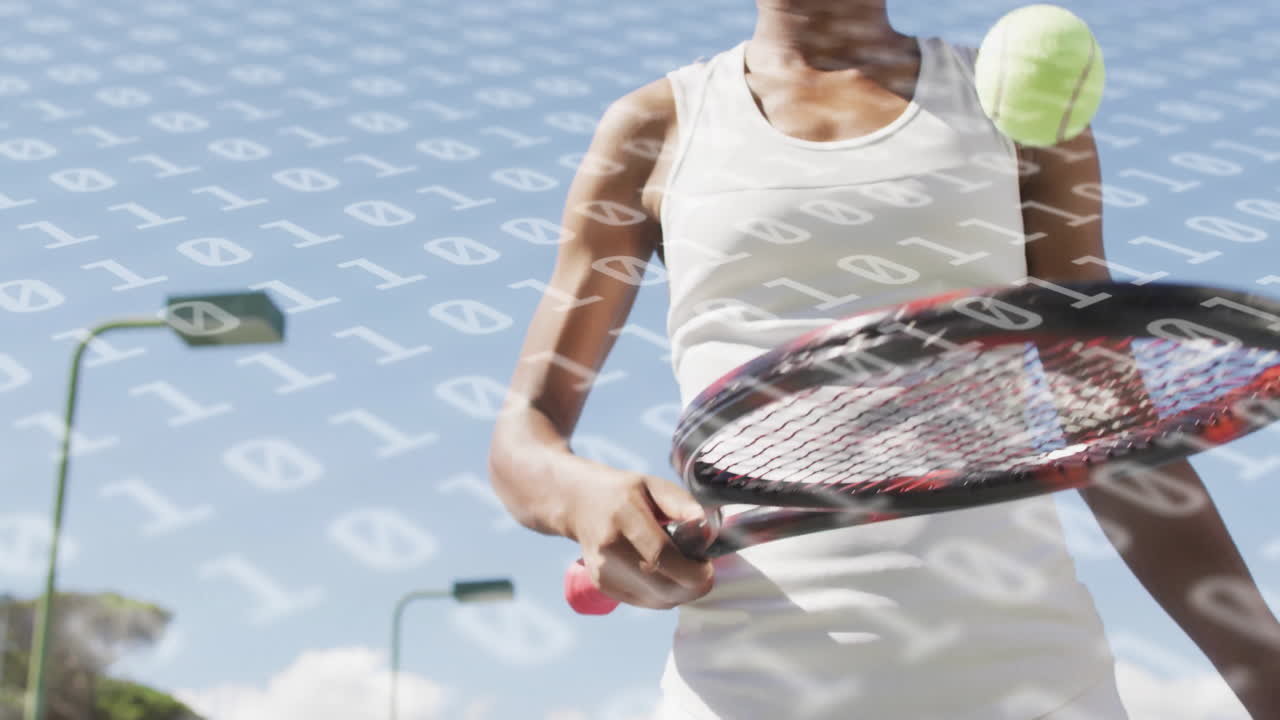 Female tennis player swinging racket under binary overlay boosting sports tech branding