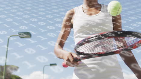 female tennis player swinging racket under binary overlay boosting sports tech branding