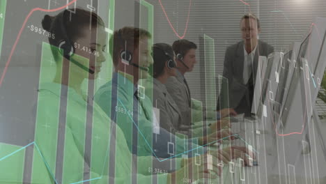 animación del registro de estadísticas sobre personas de negocios que usan auriculares telefónicos