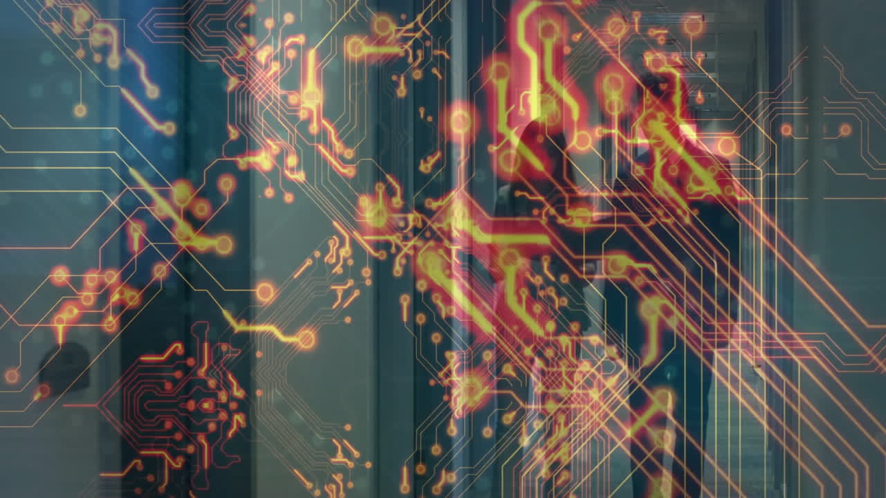 Coworkers exploring technology in hall testing VR headset and tablet under glowing circuit graphics