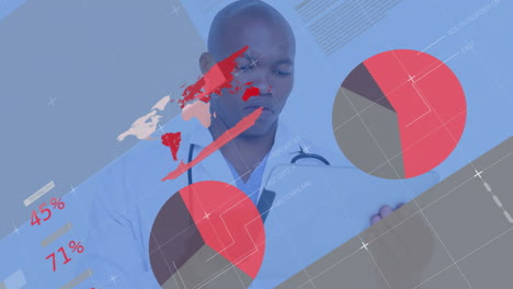 Animation-Der-Infografik-Oberfläche-über-Einem-Afroamerikanischen-Arzt,-Der-Patientenberichte-Auf-Einem-Tablet-überprüft