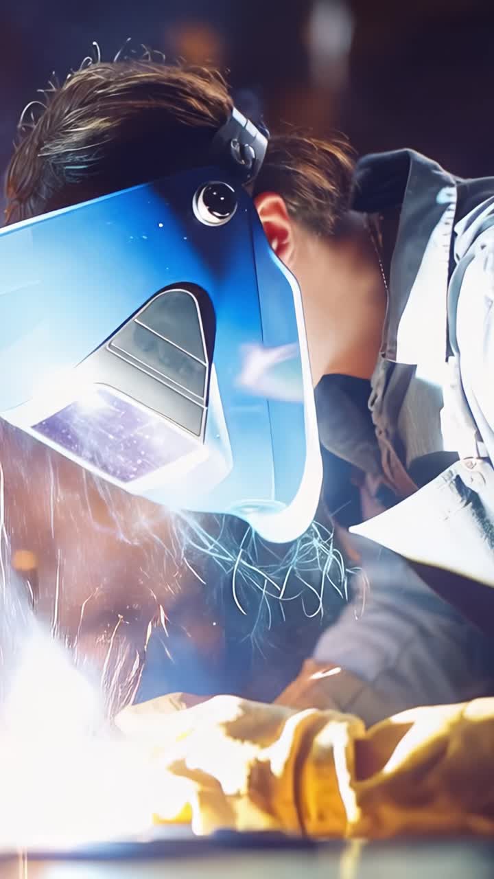A skilled welder focused on precision work, showcasing the bright sparks and intricate details involved in the metal joining process, demonstrating craftsmanship and safety