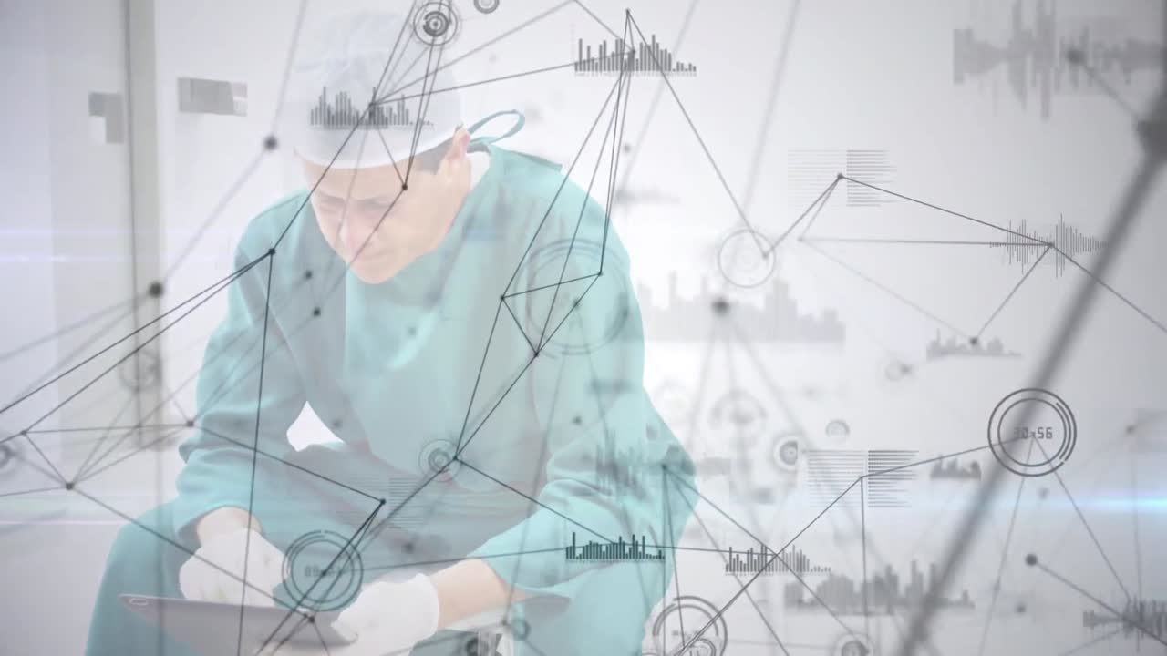 태블릿을 사용하는 백인 남성 외과 의사에 대한 연결 네트워크의 애니메이션