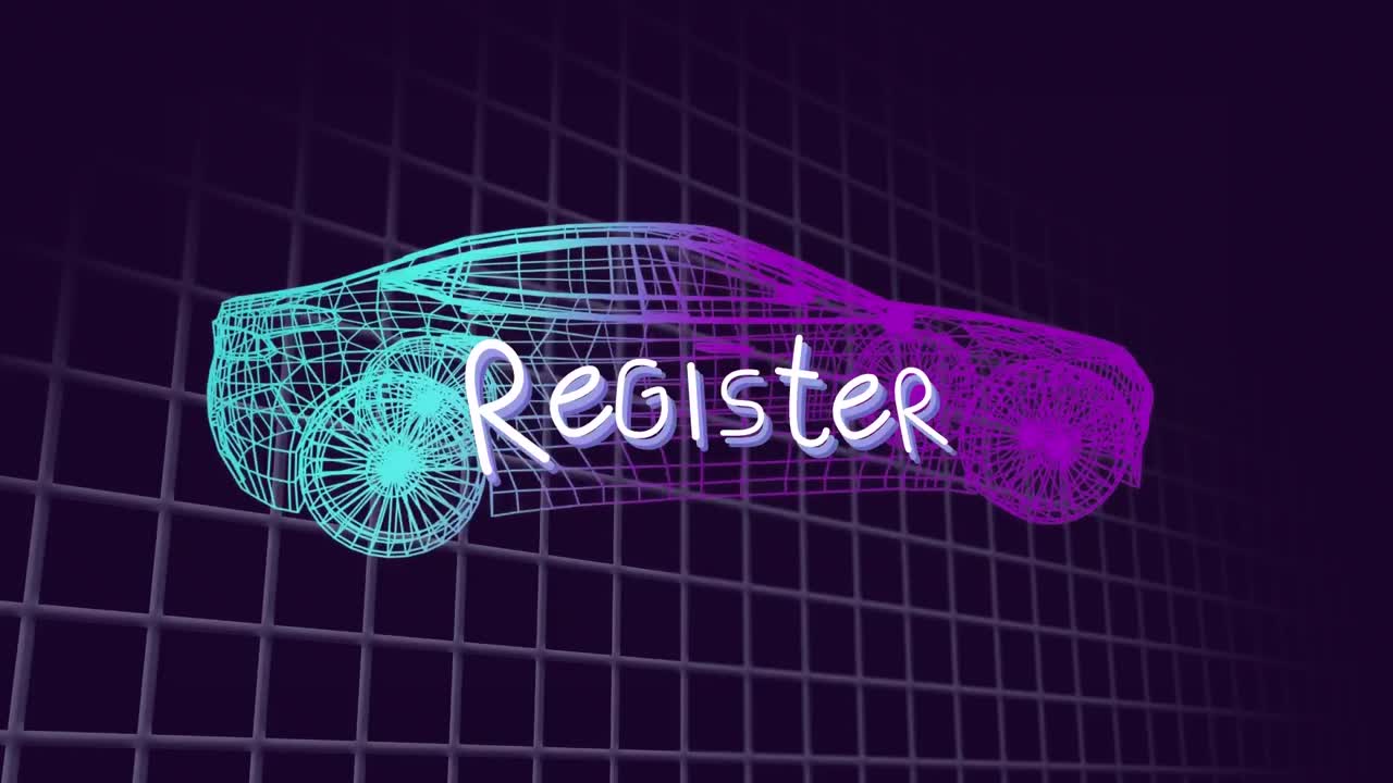Animation of register text banner over 3d car model over grid network against black background