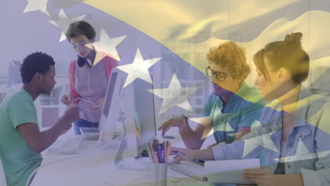 flag of bosnia and herzegovina animation over diverse team collaborating in office