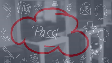 Animation of businessman's hand wiriting passion text on glassboard with business concept icons