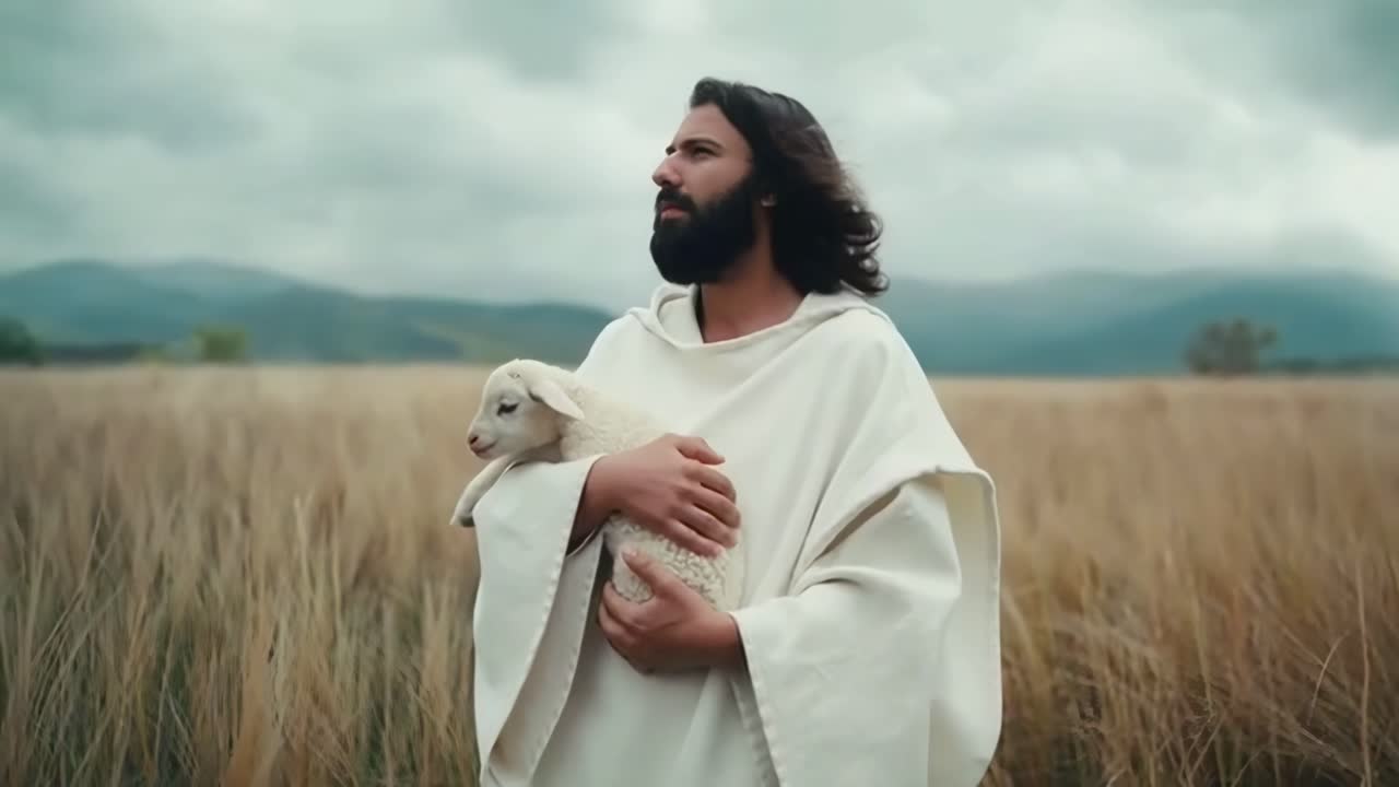 Una scena video serena con un uomo che tiene in braccio un agnello in un campo, ripresa da un medio-angolo