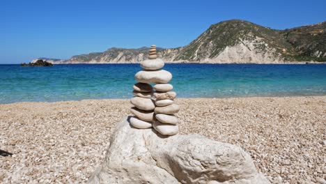Rock-Stack-on-Agia-Eleni-Beach-in-Greece---wide,-static
