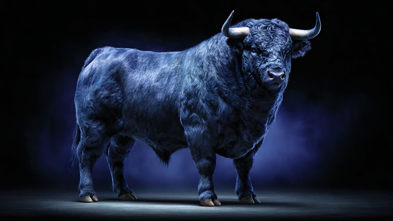 A Majestic Blue Bull Stands Proudly Against a Dark Background, Showcasing Its Impressive Build and Striking Color, Capturing a Sense of Strength and Graceful Power