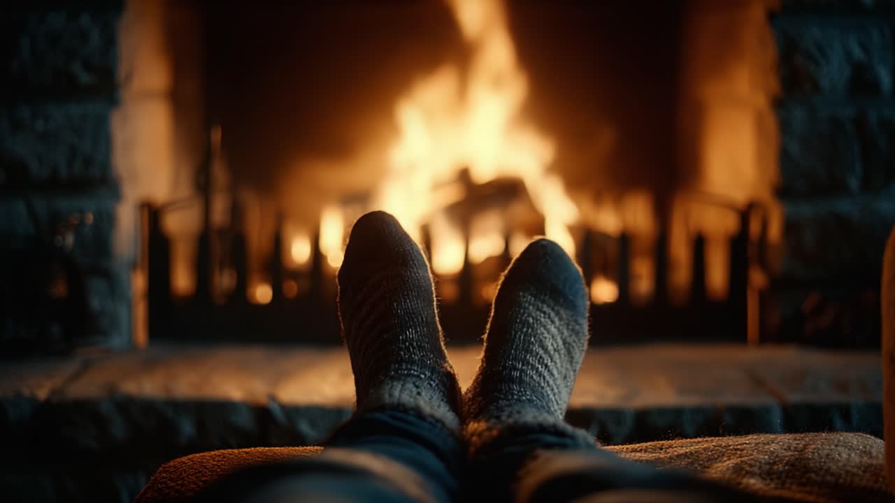Cozy Evening: A Tranquil Scene of Relaxation by the Fireplace with Warm Flames and Comfy Socks, Perfect for a Peaceful Night at Home