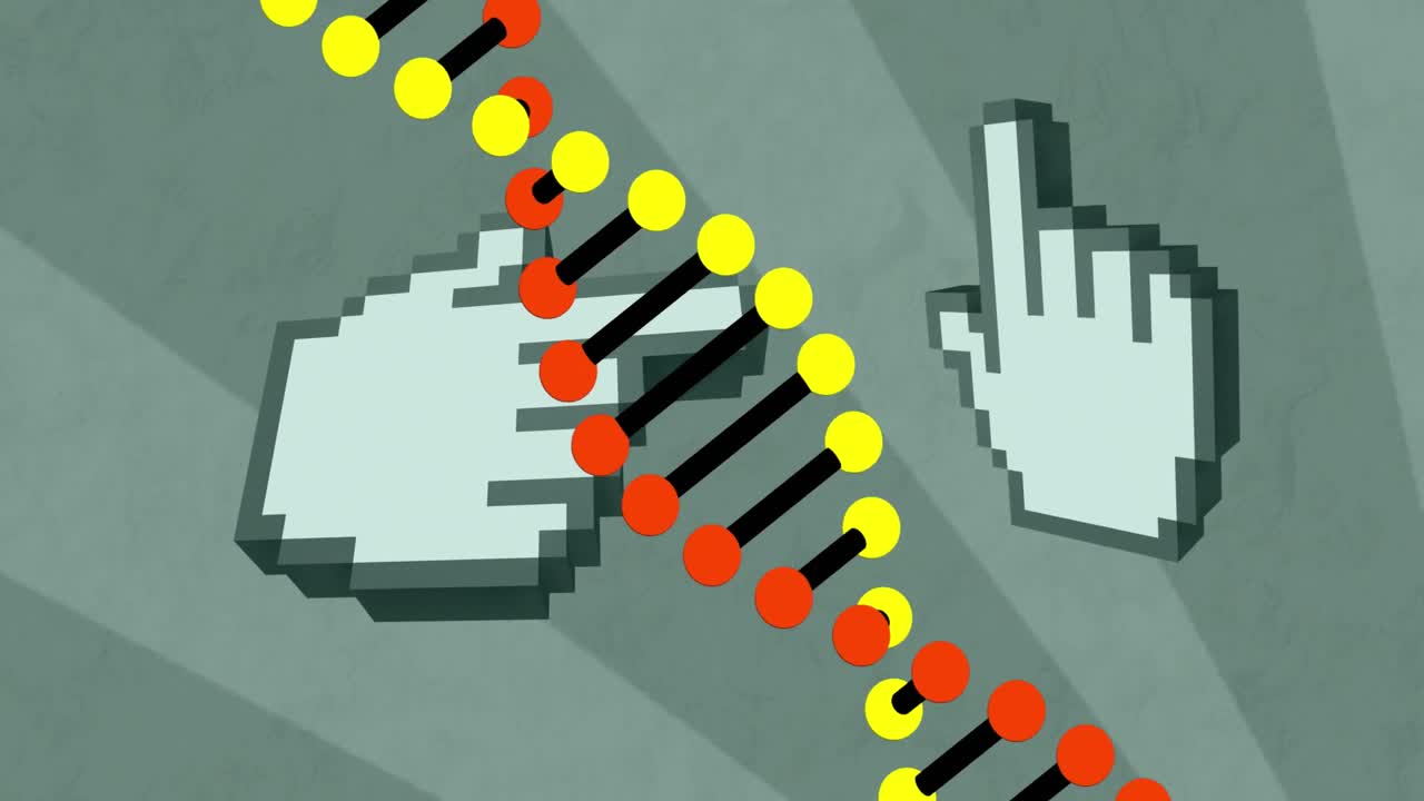 animación de adn girando sobre fondo verde con las manos