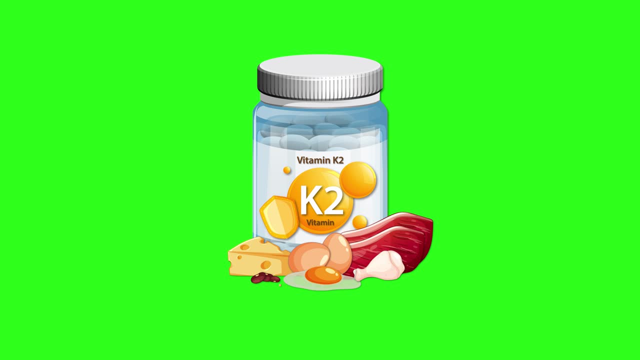 Vitamin K2 bottle with cheese, egg, and meat appears and accumulates on vibrant green background